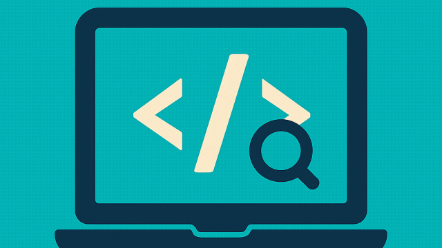 A laptop with code and a magnifying glass on its screen