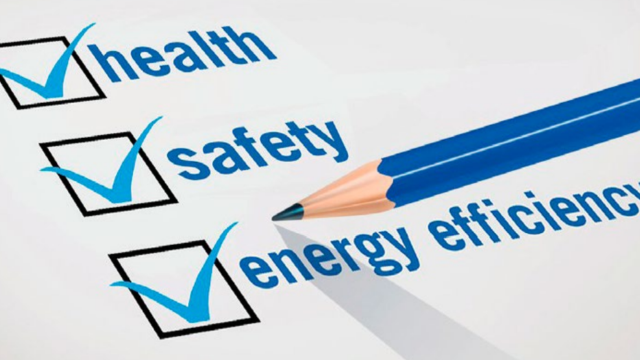 A pencil checking off Health, Safety, and Energy Efficiency