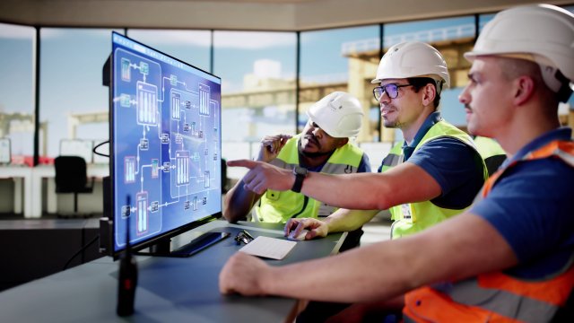 Three engineers with hardhats looking at a computer.