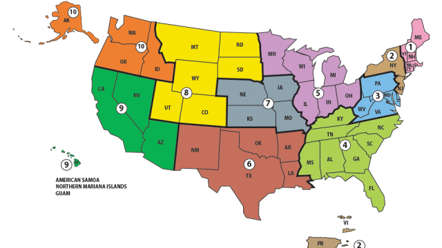 map showing how the US is divided into ten EPA regional offices. 