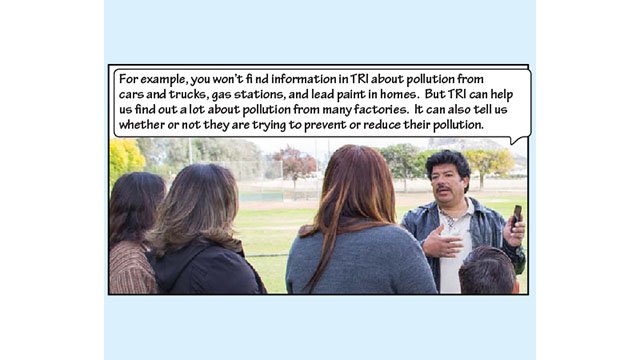 In this picture, we see Miguel has his phone up and is facing Lupe, Delores, Rosie, Johnny, Cesar, and Luis. Miguel says: "For example, you won’t find information in TRI about pollution from cars and trucks, gas stations, and lead paint in homes. But TRI can help us find out a lot about pollution from many factories. It can also tell us whether or not they are trying to prevent or reduce their pollution."