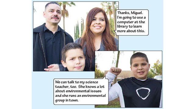 This picture shows Cesar, Rosie, and Johnny facing Miguel. Johnny says: "Thanks, Miguel. I'm going to use a computer at the library to learn more about this" This picture shows Johnny with his fist up. Johnny says: "We can talk to my science teacher, too. She knows a lot about environmental issues and she runs an environmental group in town."