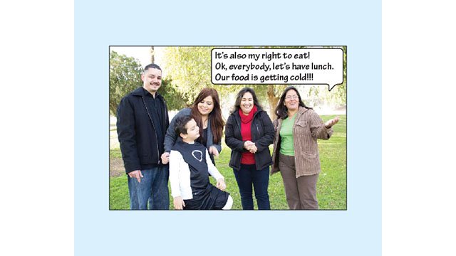 Cesar, Johnny, Rosie, Delores, and Lupe are in this picture smiling. Lupe says: "It's also my right to eat! Ok, everybody, let's have lunch. Our food is getting cold!!!"