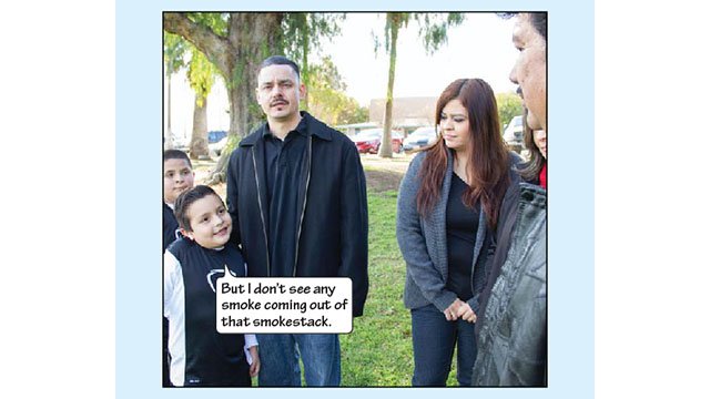Johnny looks up at Miguel in this picture, he is standing right next to Cesar. Julio is standing behind Johnny. Rosie and Delores are standing next to Johnny. Johnny exclaims to Miguel "But I don't see any smoke coming out of that smokestack." 