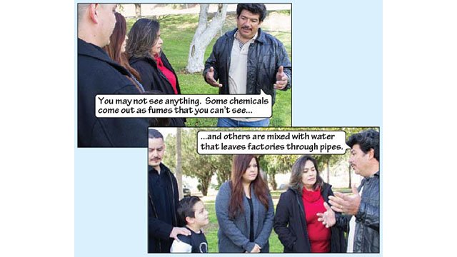 Miguel has his hands up in this picture, as he explains to the group: "You may not see anything. Some chemicals come out as fumes that you can't see." Miguel still has his hands up as he continues to explain: "...and others are mixed with water that leaves factories through pipes".