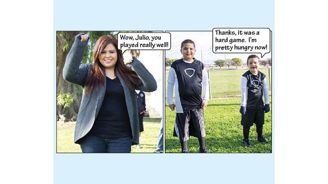 Rosie is watching Cesar, Julio, and Johnny kick the soccer ball. In this picture, Rosie is waving her arms very cheerfully and says "Wow Julio, you played really well!" Julio and Johnny pause playing and look at Rosie. In this picture, they have their arms down at their sides and look exhausted. They tell Rosie "Thanks, it was a hard game. I'm pretty hungry now!"