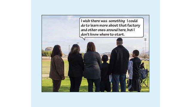This picture shows Lupe, Rosie, Delores, Johnny, Julio, and Cesar all looking at the closeby factory. Delores says: "I wish there was something I could do to learn more about that factory and other ones around here, but I don't know where to start".