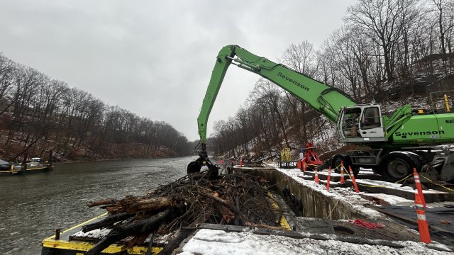 Green construction equipment with long arm picking up tree trunks on a floating platform in a river.  