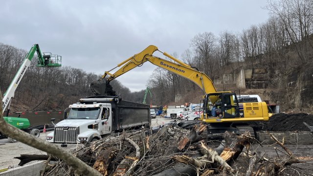 A large yellow excavator scoops dark organic debris into the bed of a white and black semi-truck. In the foreground is a pile of large wood pieces, and in the background are bare trees against a gray cloudy sky.
