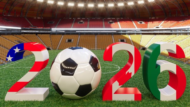 soccer stadium with 2026 spelled out with international flags and a soccer ball as the "0"