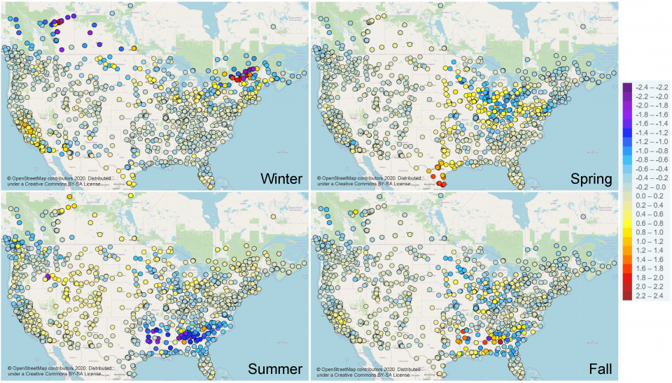 Maps of seasonal bias in CMAQv5.3.1 estimated PM2.5