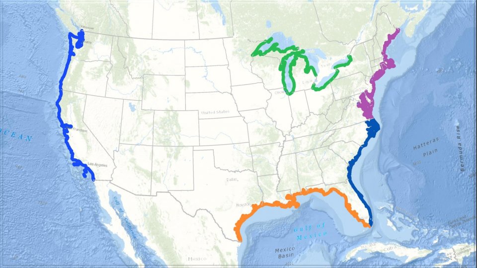 Map of the continental United States showing the west coat, gulf coast, southeast, and northeast coastal areas outlined as well as the Great Lake coastal areas.