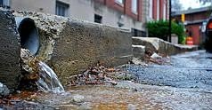 Water coming out of a sidewalk storm drain