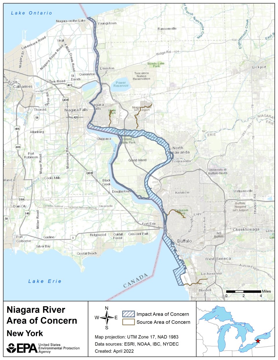 The Niagara River is a binational AOC that includes the entire Niagara River. The U.S. side of the AOC consists of an Impact AOC and a Source AOC. The Impact AOC extends from the mouth of Smoke Creek near the southern end of the Buffalo Outer Harbor (which is within Lake Erie) north to the mouth of the Niagara River at Lake Ontario. Within the river, the international border between Canada and the U.S. forms part of the Impact AOC boundary. On the landward side, the Impact AOC boundary follows the shoreline. In the Outer Harbor area, the in-water boundary generally follows the major breakwalls. In the southernmost section, where no breakwall is present, the AOC extends approximately one-half mile from shore