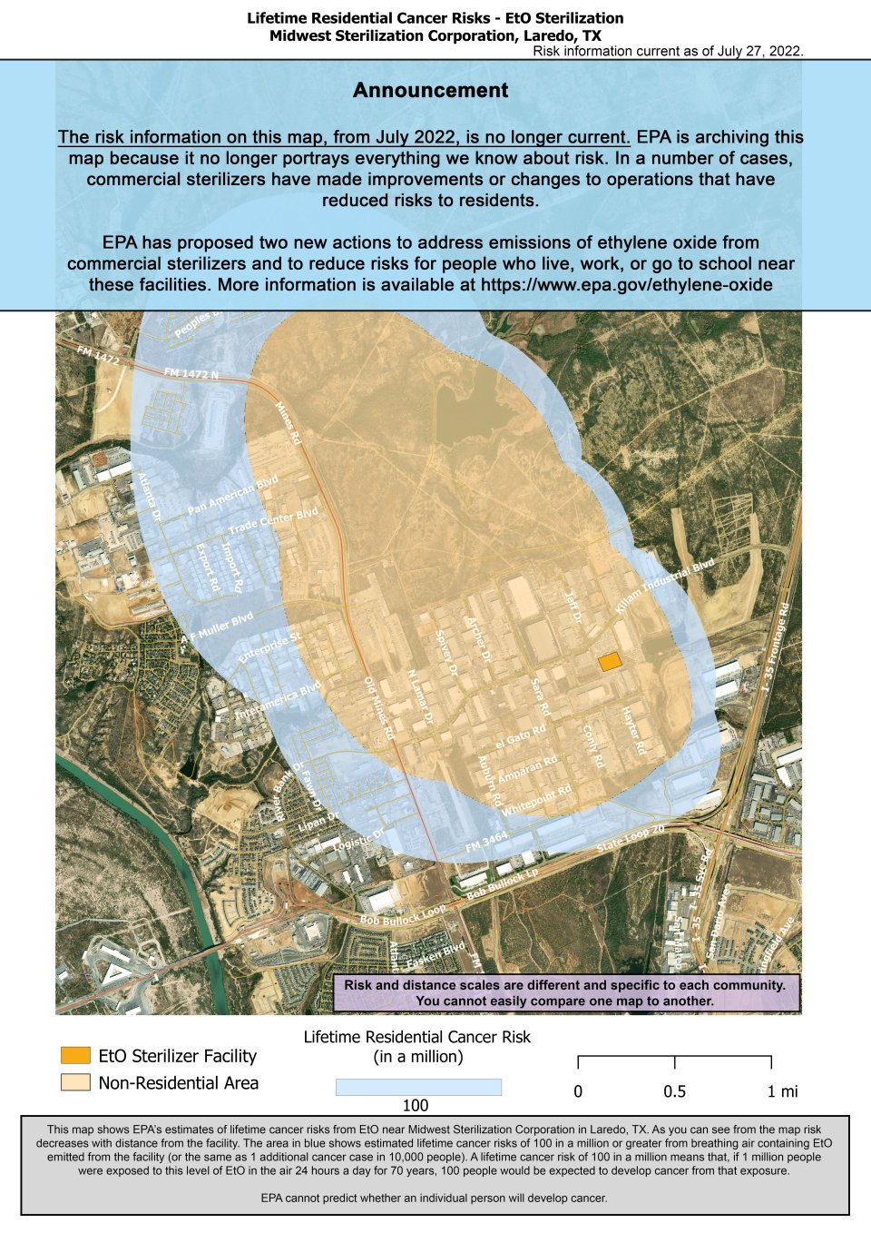 Este mapa muestra la estimación de la EPA acerca de los riesgos de cáncer de por vida al respirar óxido de etileno cerca de Midwest Sterilization Corporation, 12010 General Milton Dr, Laredo, TX 78045. El riesgo estimado de cáncer disminuye al alejarse de la instalación. Más cerca de la instalación, el riesgo estimado de cáncer de por vida es de 100 en un millón. Esta área se extiende aproximadamente desde Aransas Pass Rd. (norte) y Atlanta Dr. (noroeste), hasta la intersección de Bob Bullock Loop y la carretera I-35 (suroeste). 