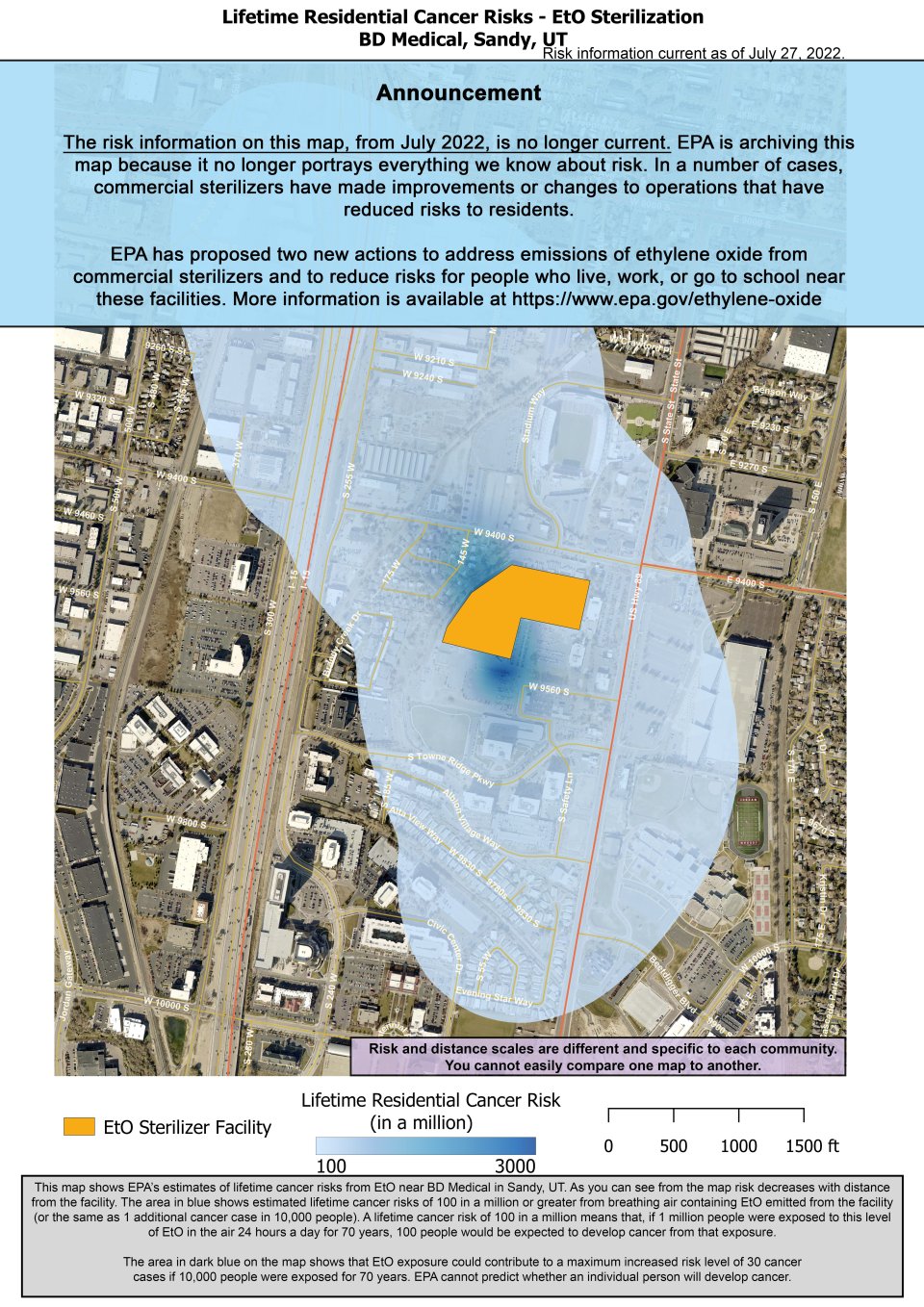 En este mapa, se muestran las estimaciones de la EPA de los riesgos de desarrollar cáncer de por vida por respirar óxido de etileno en las cercanías de las instalaciones de BD Medical, ubicadas en 9450 State St., Sandy, UT. El área en azul muestra los riesgos de desarrollar cáncer de por vida estimados de 100 en un millón o más por respirar aire que contiene EtO emitido por el establecimiento. En el punto más cercano al establecimiento, el riesgo estimado de desarrollar cáncer de por vida es de 2547 en un m