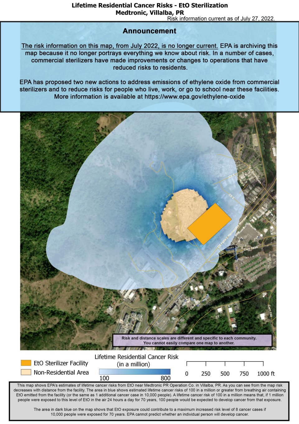 En este mapa, se muestran las estimaciones de la EPA de los riesgos de desarrollar cáncer de por vida por respirar óxido de etileno en las cercanías de las instalaciones de Medtronic PR Operation Co., ubicadas en Carretera 151, Bo. Villalba Arriba, Villalba, PR.  El riesgo estimado de desarrollar cáncer disminuye a medida que aumenta la distancia respecto del establecimiento.  En el punto más cercano al establecimiento, el riesgo estimado de desarrollar cáncer de por vida es de 800 en un millón. Esta cifra 