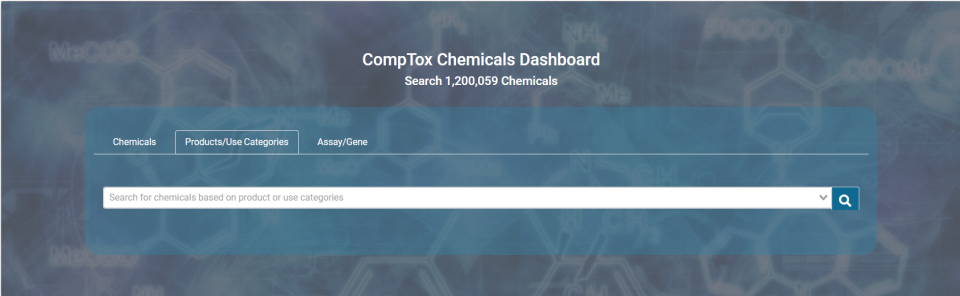CompTox Chemicals Dashboard home page, https://comptox.epa.gov/dashboard, with search box in the center. Note tabs for product use category and assay / gene above the search box.