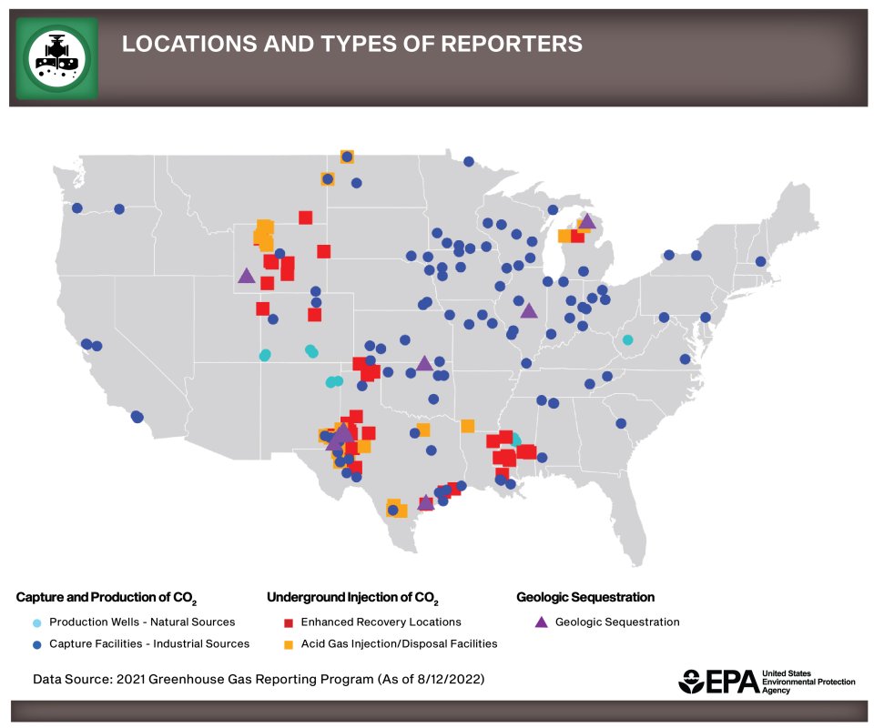 U.S. map marking locations of facilities that capture or produce CO2 or inject it underground