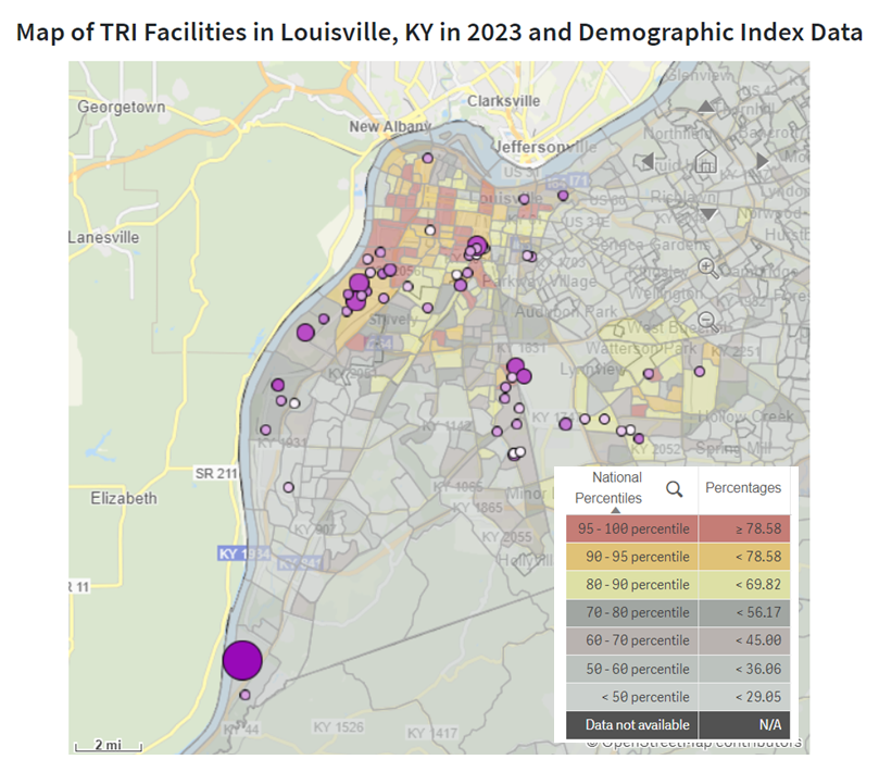 Map of facilities in Louisville KY with demographic index data from EJScreen shown at the census block group level