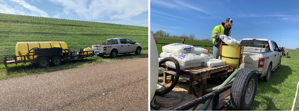 Two photos showing the USACE tank and trailer setup, towed by a pickup truck.