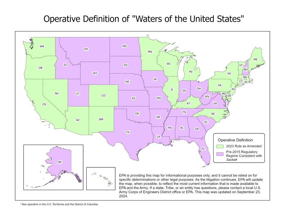 EPA is providing this map for informational purposes only to illustrate which definition of “waters of the United States” is generally operative in each state across the country as a result of litigation, and it cannot be relied on for specific determinations or other legal purposes. As the litigation continues, EPA will update the map, when possible, to reflect the most current information that is made available to the EPA and the Army. 