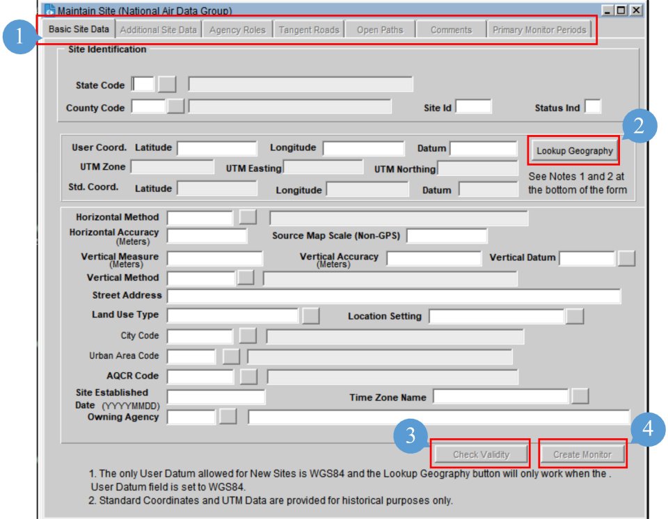 screenshot of the AQS maintain site form