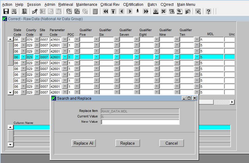 screenshot showing an example of the search and replace function in AQS