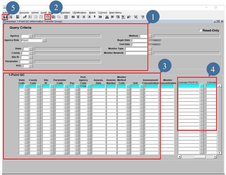 screenshot of the 1 point qc form and highlighted fields in aqs