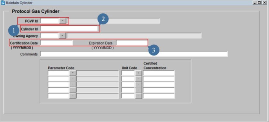 screenshot of the maintain cylinder form in AQS with select fields highlighted