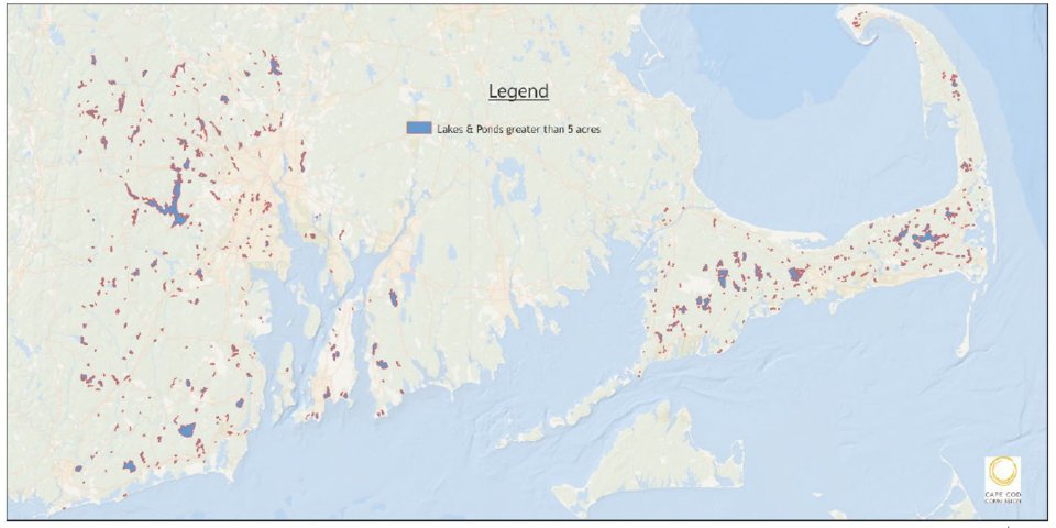 Preliminary lakes and ponds suitable for remote sensing of water quality in study area. Image credit: Cape Cod Commission