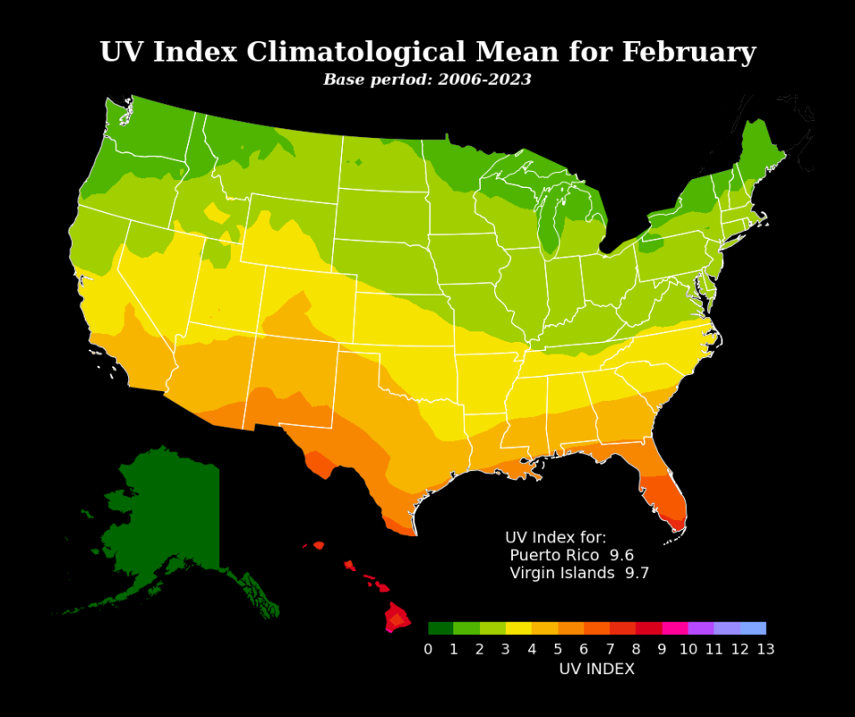 UV Index Climatological Mean for February 2006-2023