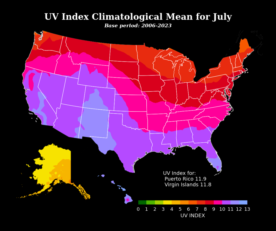 UV Index Climatological Mean for July 2006-2023