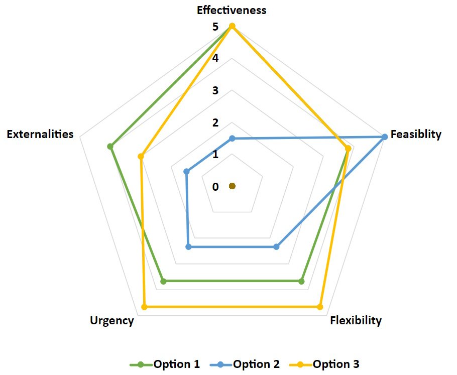 A spider chart depicted as a bulls-eye shows different rankings of intervention options across five categories of criteria.