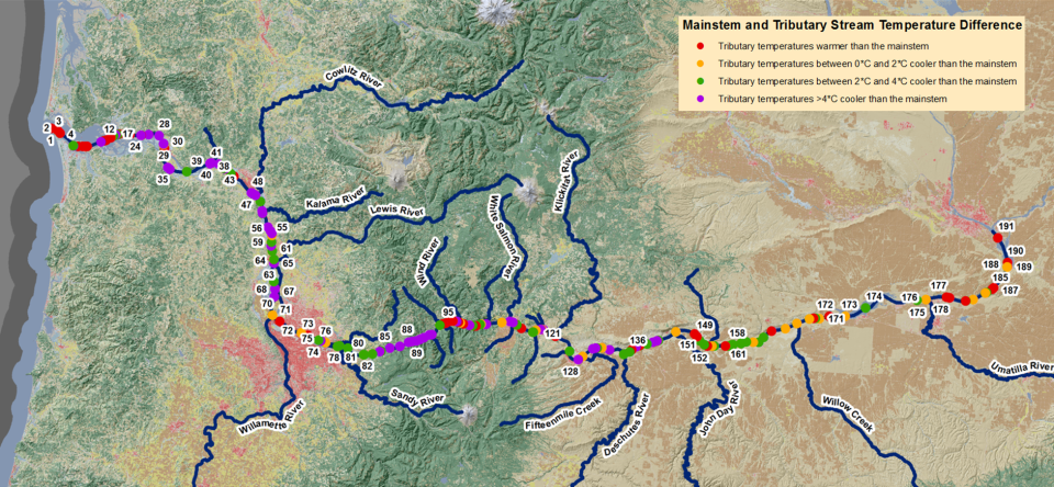 A map of the mainstem is marked with different colors indicating temperature differences (warmer or cooler) of feeding tributaries..