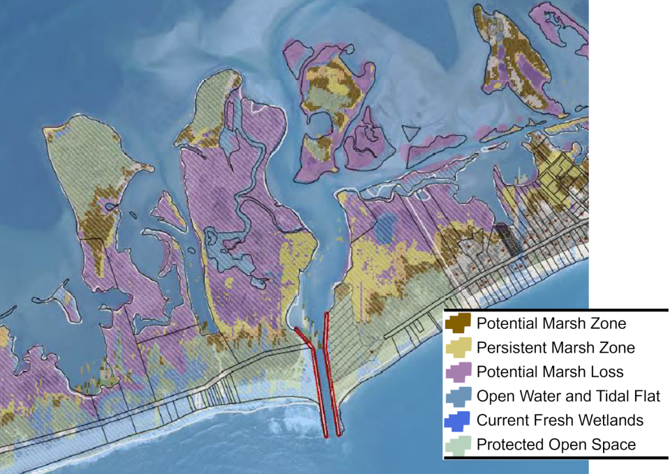 Color-coded map of predicted marsh gains, losses and persistence throughout the project area.