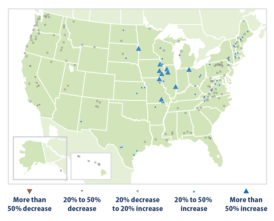 Map showing percentage changes in the average amount of water carried by rivers and streams across the United States.