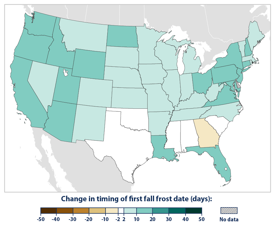 Map showing the changes in timing of the first fall frost for the contiguous 48 states from 1895 to 2023.