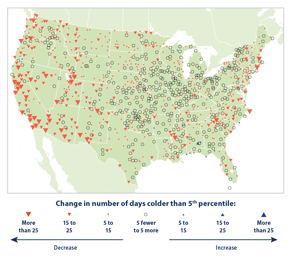 Map showing trends in unusually cold temperatures in the contiguous 48 states, based on the 5th percentile.