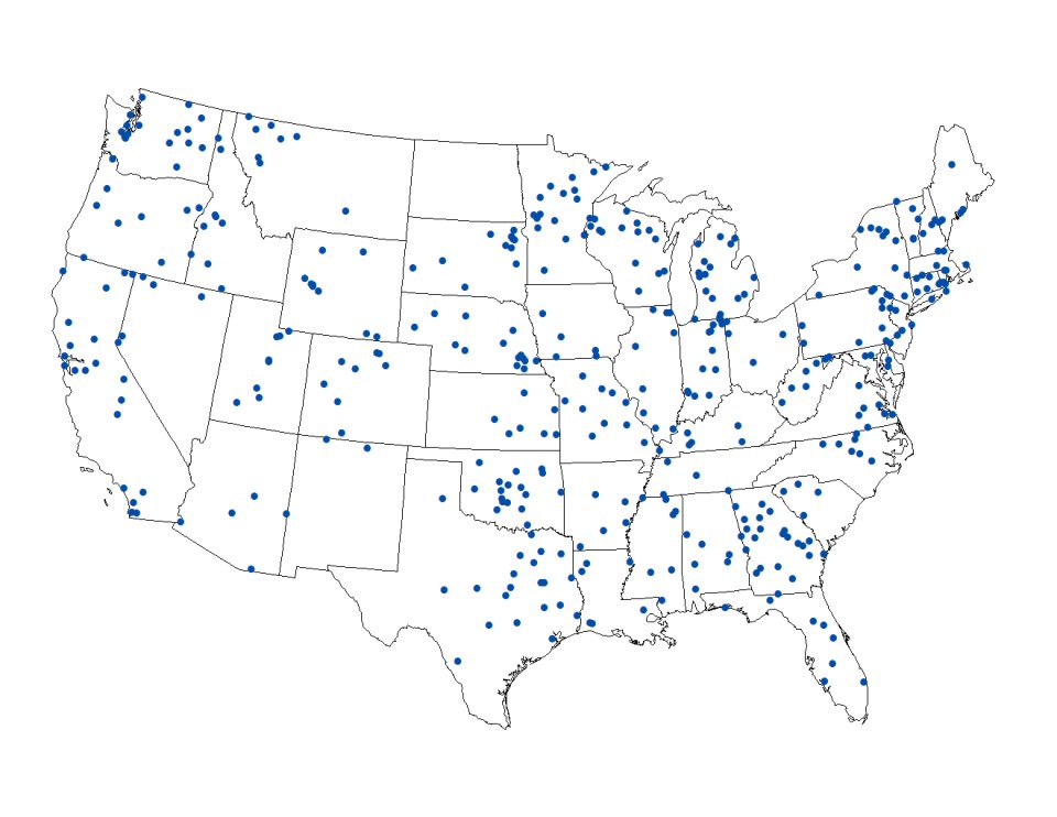 Map of the 48 contiguous United States with 413 points showing the locations of sampled lakes for the 2022 National Lakes Assessment Human Health Fish Fillet Tissue Study. Each lake name and location, provided as Lat/Long coordinates, is available in each downloadable Excel data file on this webpage.