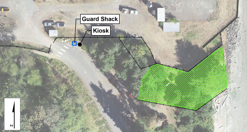 Aerial photo of the southeast corner of Wyckoff site showing the guard shack and kiosk locations, and the area that will not be accessible to the public, including the Creosote Park Bench.