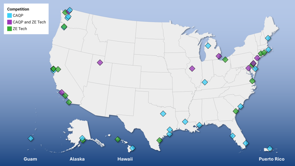 Map showing the locations of selected applications for the 2024 Clean Ports CAQP and ZE Tech competitions