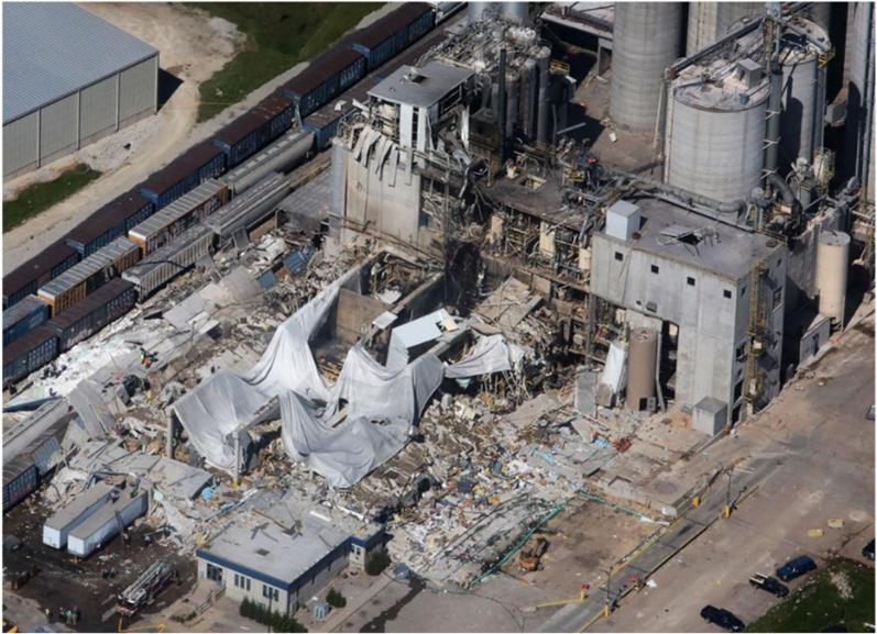 Large Factory that is covered in rubble after an explosion.