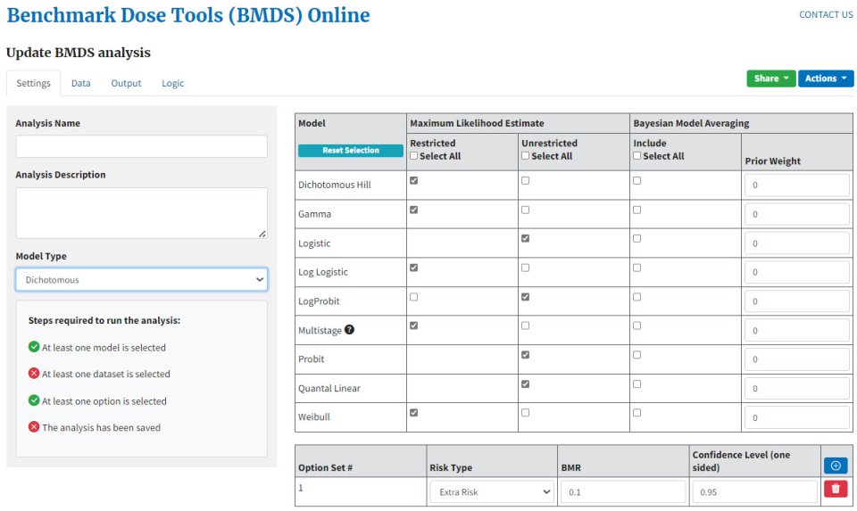 New BMDS Online analysis on Settings tab