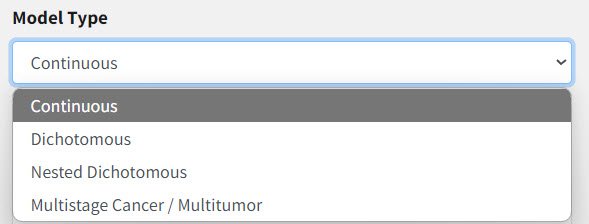 Picklist showing BMDS Online model types for selection