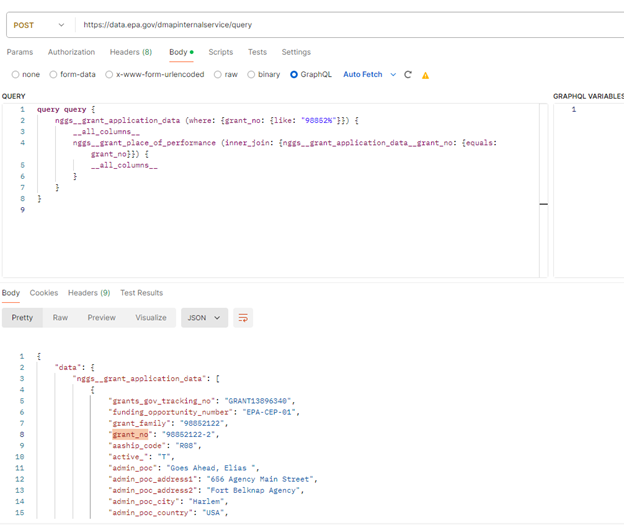 Output of a query to the grants API in Postman