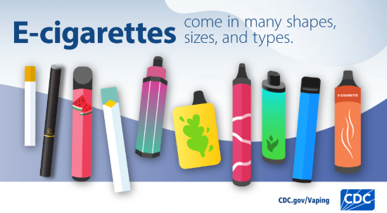 a number of different styles of electronic cigarettes, or e-cigs, from the Centers for Disease Control with the words "E-cigarettes come in many shapes, sizes, and types.