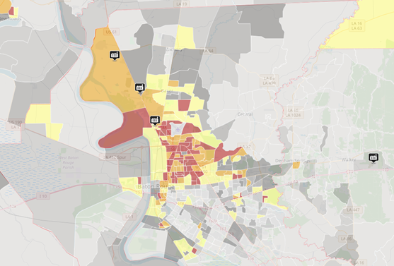 Map depicting the location of four landfill facilities in FLIGHT with a demographic index layer