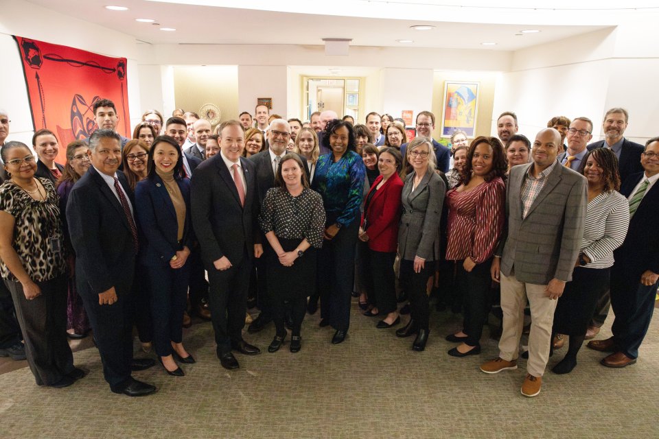 EPA Administrator Lee Zeldin meets agency program office staff at the agency's Reagan Building offices, Washington, February 2025