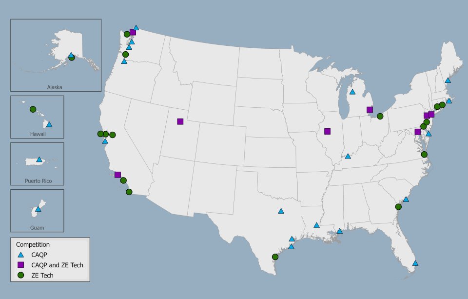 Map showing the locations of awarded CAQP and ZE Tech grants.
